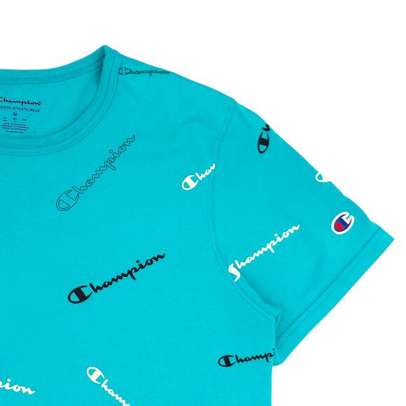 Champion Shirt Mens Medium Blue All Over Print Logo Graphic Tee T-Shirt Cotton - Picture 3 of 12